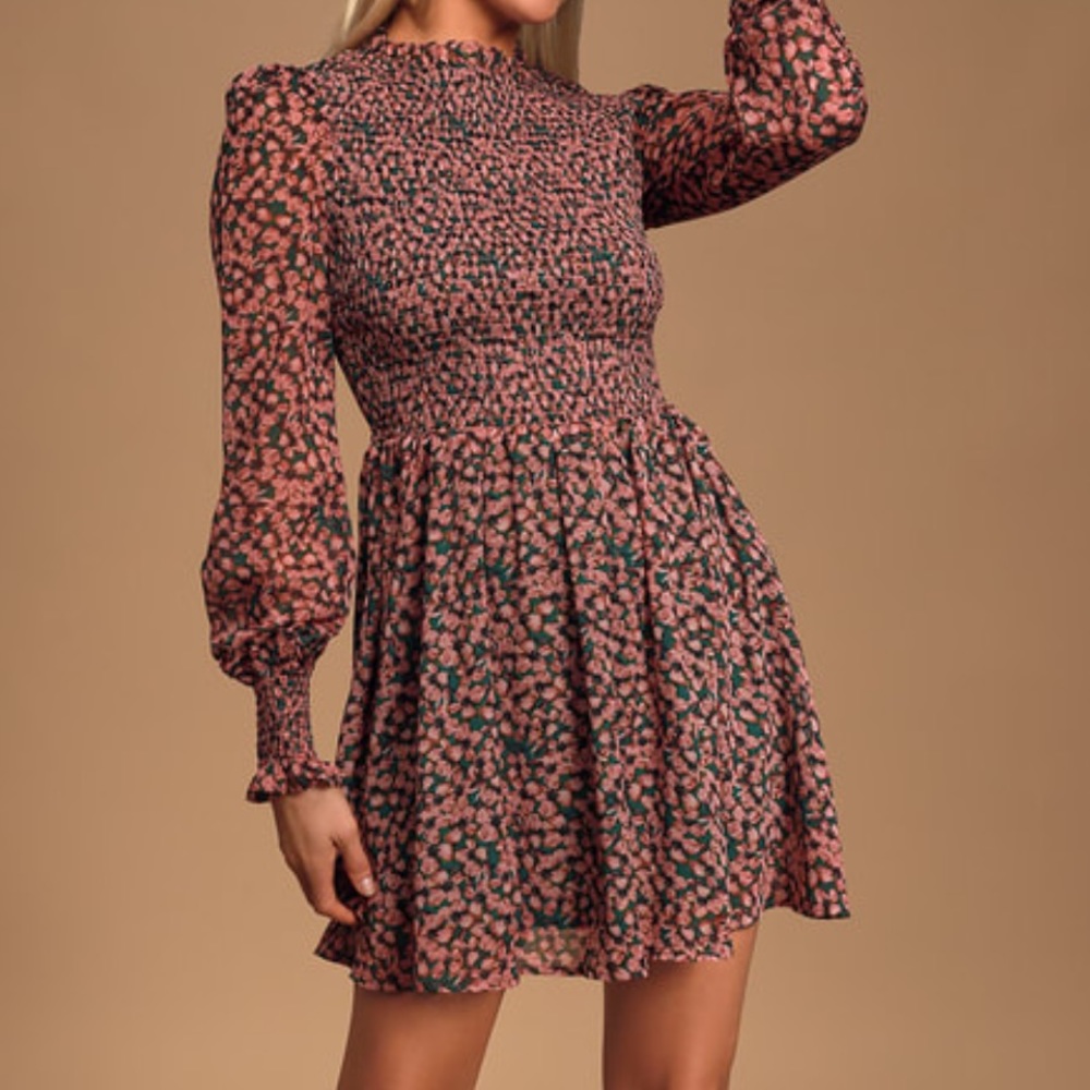 Lulus Floral Forever Green and Pink Floral Print Smocked Skater Dress Large